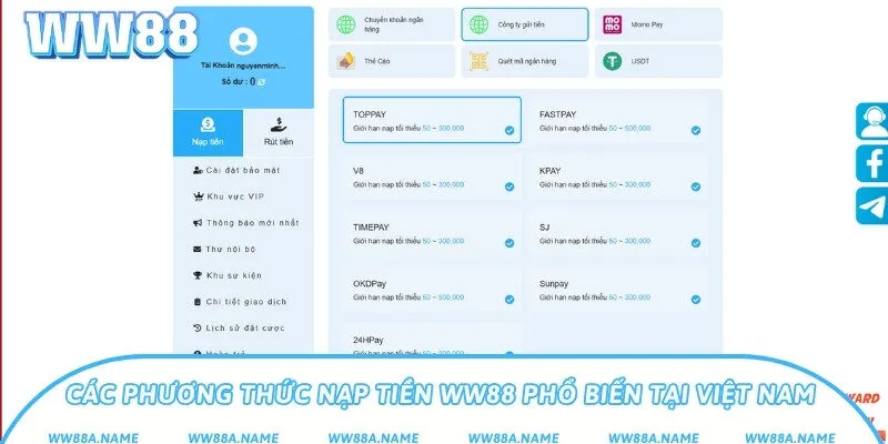 Các phương thức nạp tiền WW88 phổ biến tại Việt Nam